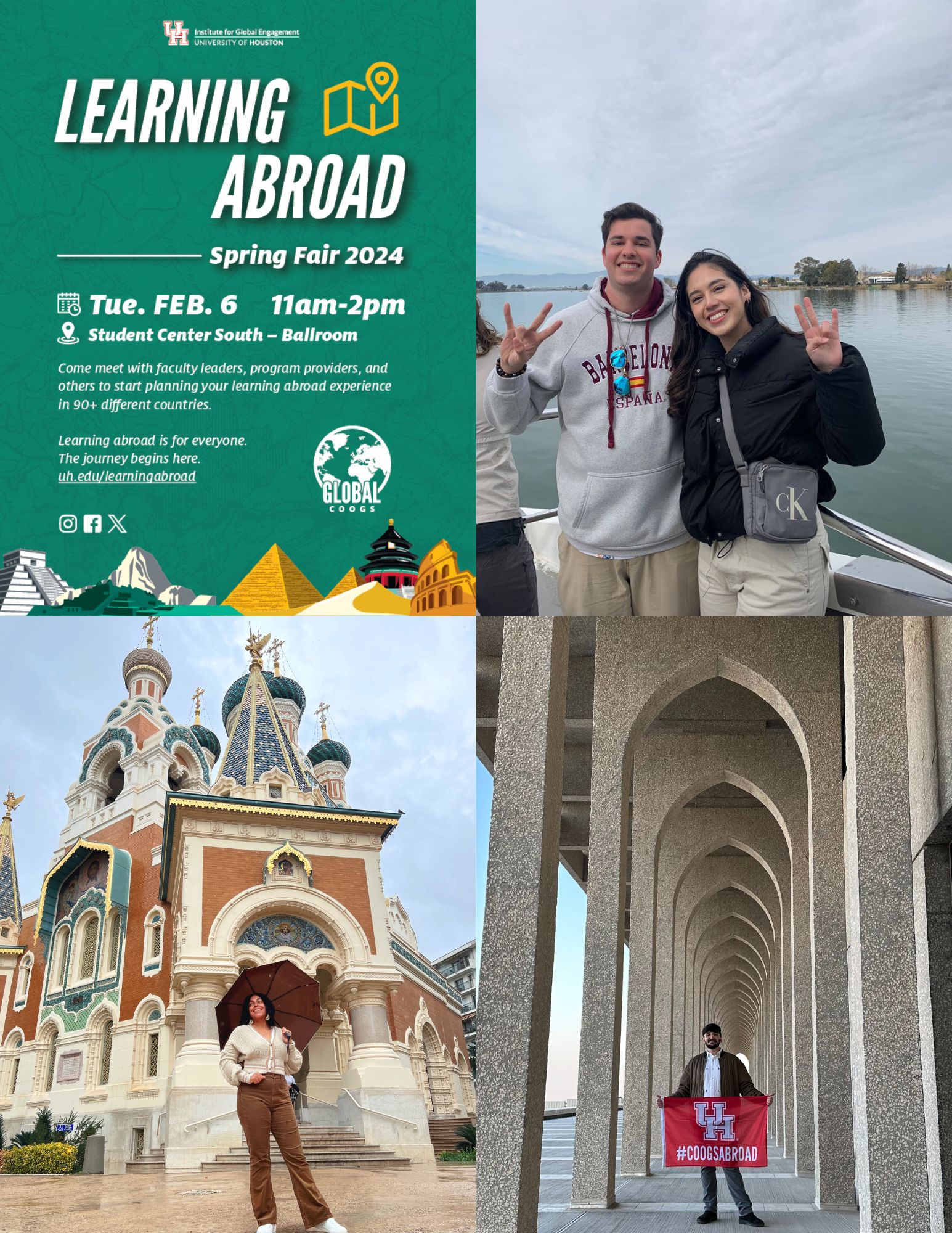 Learning Abroad Spring Fair flyer along with students who have studied abroad.